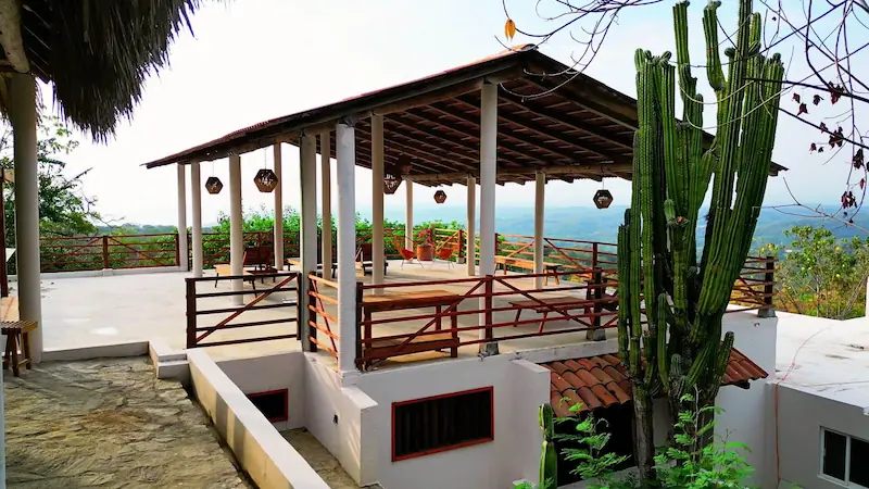 TIERRA Loft entrance with floor-to-ceiling windows, bed and gardens / Entrada a Loft TIERRA con ventanales de piso a techo, cama y jardines nativos